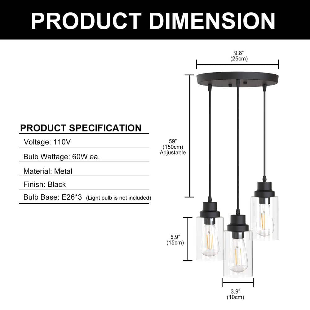 Modern Black Metal 3-Light Pendant with Clear Glass Shades
