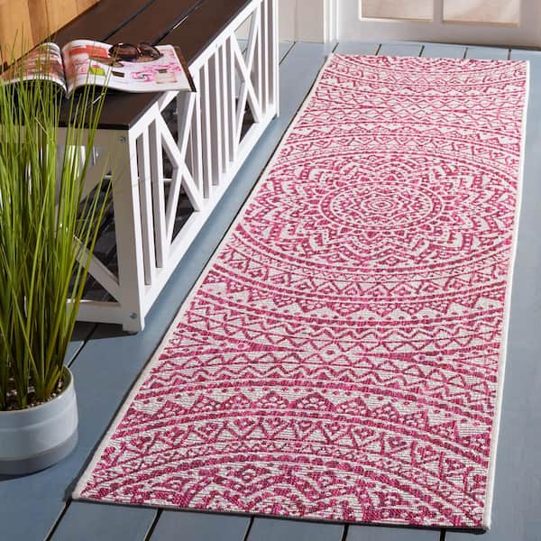 Courtyard Ivory/Fuchsia 2 ft. x 8 ft. Runner Medallion Indoor/Outdoor Area Rug