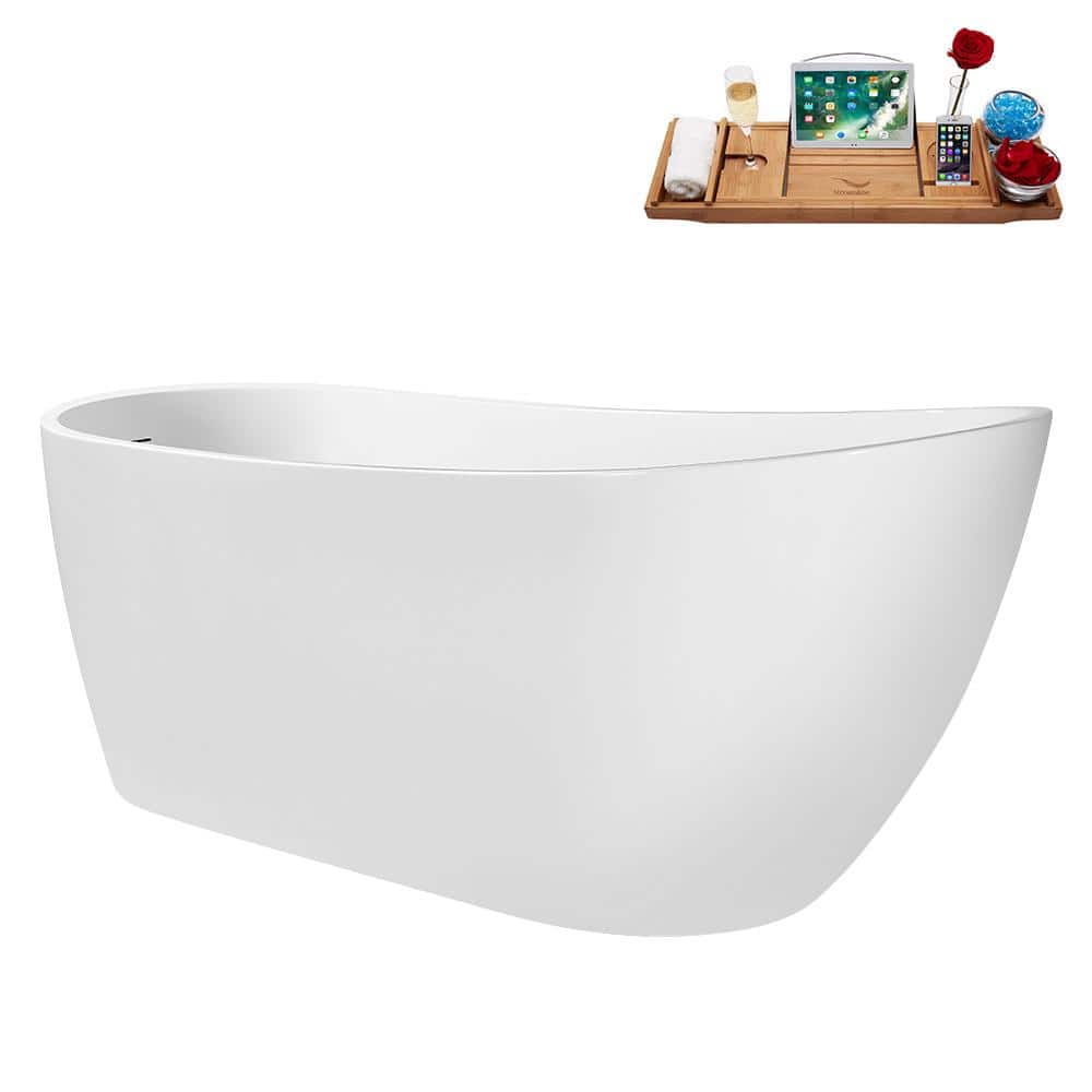 67" Glossy White Acrylic Freestanding Soaking Tub with Polished Brass Drain and Bamboo Tray