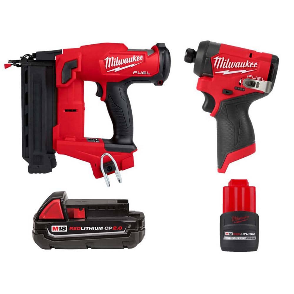 Milwaukee M18 FUEL 18-Gauge Brad Nailer, M12 Brushless Cordless 1/4 in. Hex  Impact Driver, M18 2.0 Ah Battery, M12 2.5 Ah Battery  2746-20-48-11-1820-3453-20-48-11-2425 The Home Depot