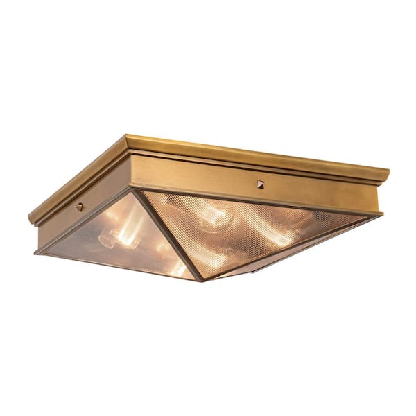 Cairo 19 in. 4-Light 40-Watt Ribbed Glass/Vintage Brass Flush Mount