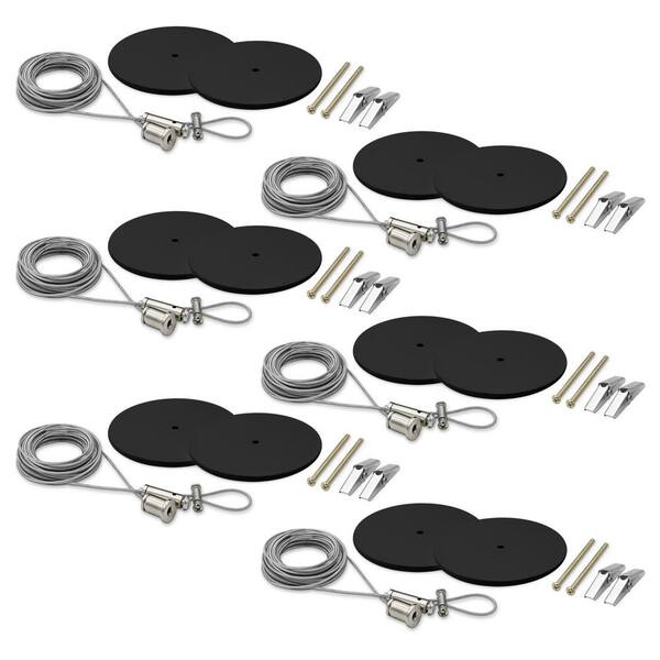 H-track 20 ft. Suspension Kit, 120V 3-Wire Single Circuit Track Light Surface Mount Kit w/ Round Canopies, Black 6 Pack