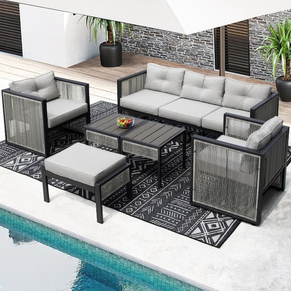 FINCATI Gray 8-Pieces PE Wicker Outdoor Patio Sectional Set with Cushions, Ottoman and 2-Side Tables