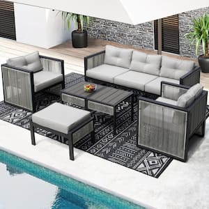 Gray 8-Pieces PE Wicker Outdoor Patio Sectional Set with Cushions, Ottoman and 2-Side Tables