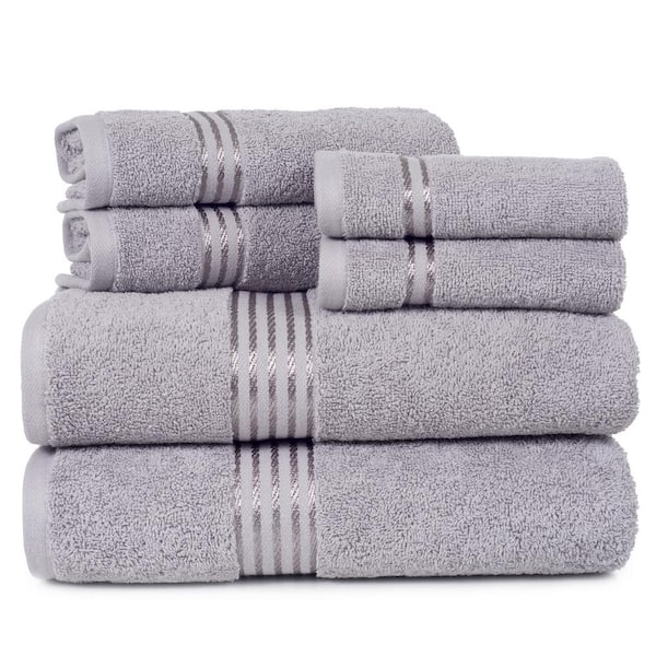 Unbranded 6-Piece Silver Solid 100% Cotton Bath Towel Set with Satin Stripes