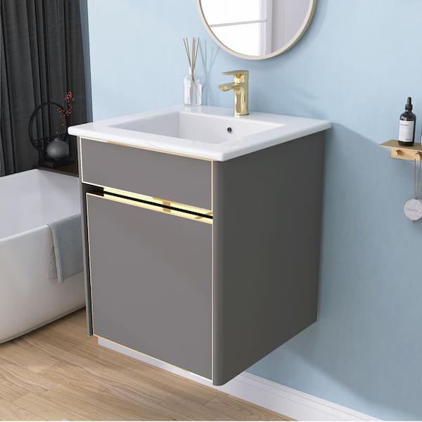 17 in. W x 17 in. D x 19 in. H Floating Bath Vanity in Gray Small Bathroom Vanity w/ Glossy White Ceramic Top and Basin