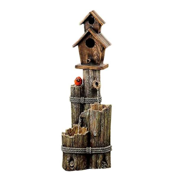 Wood Finish Waterfall Fountain with Birdhouse