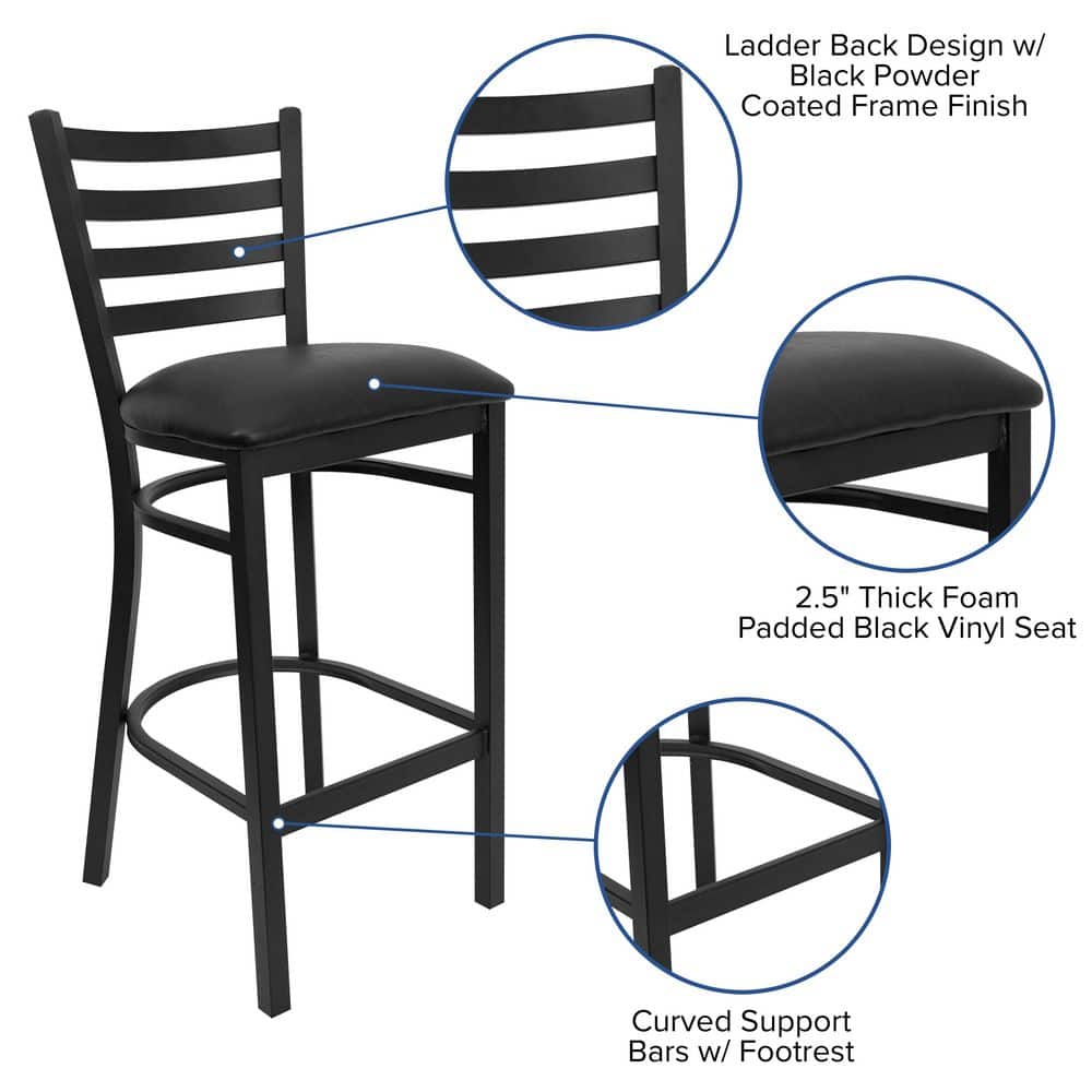 Elegant Black Metal Ladder Back Barstool with Vinyl Seat
