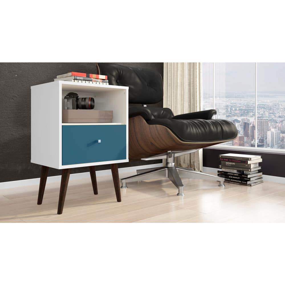 Liberty Mid-Century Modern White & Aqua Blue Nightstand with Drawer