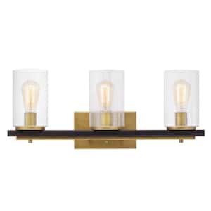 Boswell Quarter 3-Light Vintage Brass Vanity Light with Painted Black Distressed Wood Accents