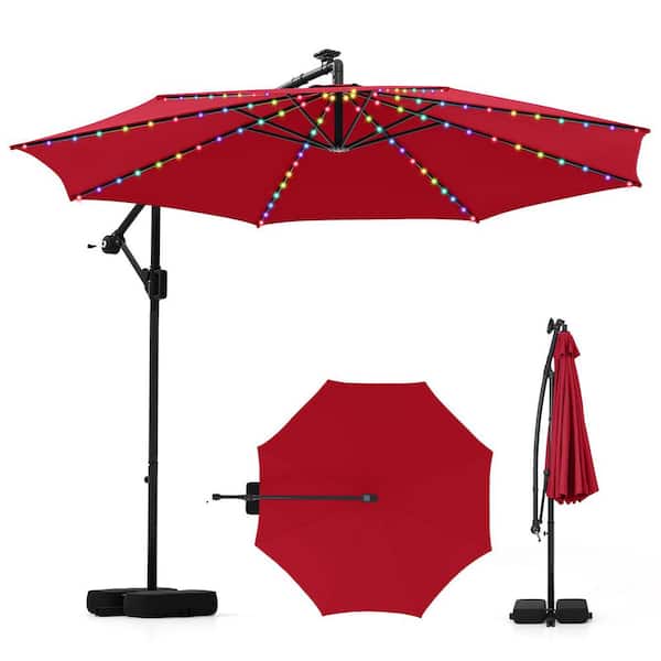 10 ft. Steel Cantilever Offset Solar Hanging Patio Umbrella with Cross Base and 96-LED Multi-color Lighting in Red