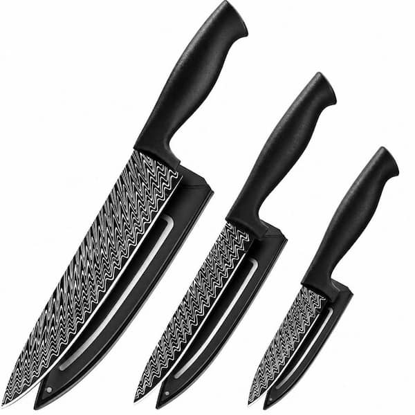 8 in. Stainless Steel Full Tang Nonstick Damascus Pattern Chef Knife with Anti-Slip PP Handle 3 pcs Set Utility Knife