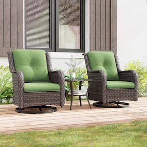 3-Piece Wicker Swivel Outdoor Rocking Chairs Patio Conversation Set with Green Cushions