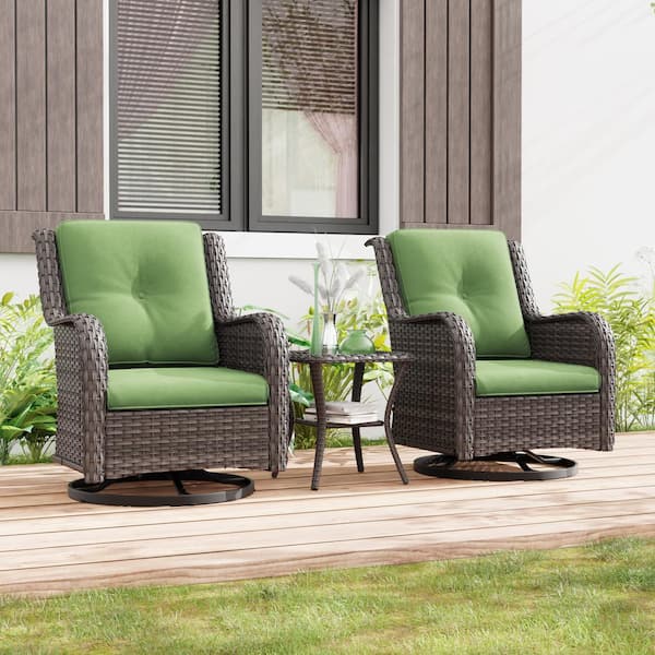 Gardenbee 3-Piece Wicker Swivel Outdoor Rocking Chairs Patio Conversation Set with Green Cushions