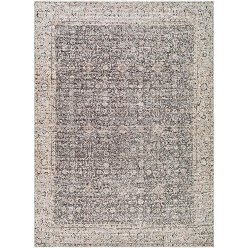 Charcoal and Tan Synthetic Vintage Floral Area Rug 5'2" x 7'
