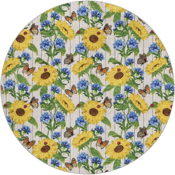 Dream Shag Premium Machine Washable Abstract ADS171 Yellow 8 ft. x 8 ft. Round Rug