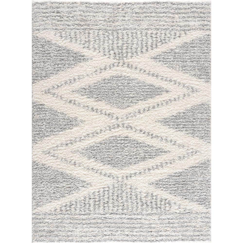 Gray and Cream Trellis Plush Shag Area Rug 5'3" x 7'3"