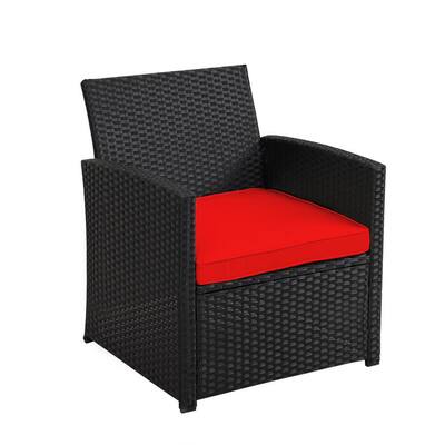 Black 4-Piece Rattan Polyethylene Resin Wicker Patio Conversation Set with Red Cushions
