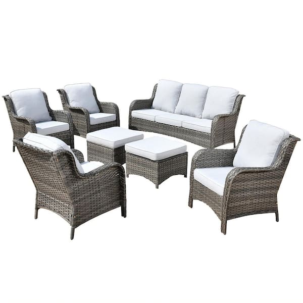 Erie Lake Gray 7-Piece Wicker Outdoor Patio Conversation Seating Sofa Set with Gray Cushions
