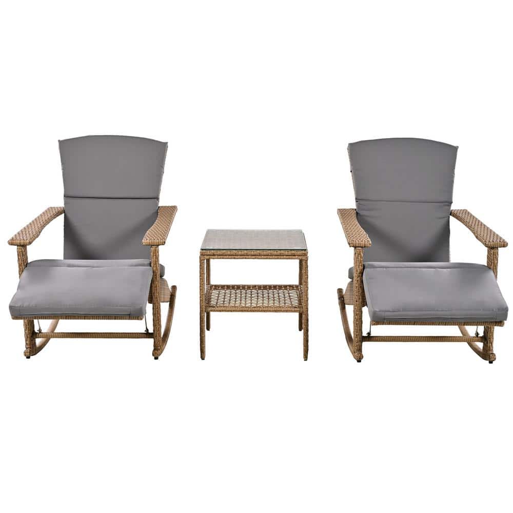 Adjustable Wicker Double Outdoor Rocking Chairs with Coffee Table and Gray 