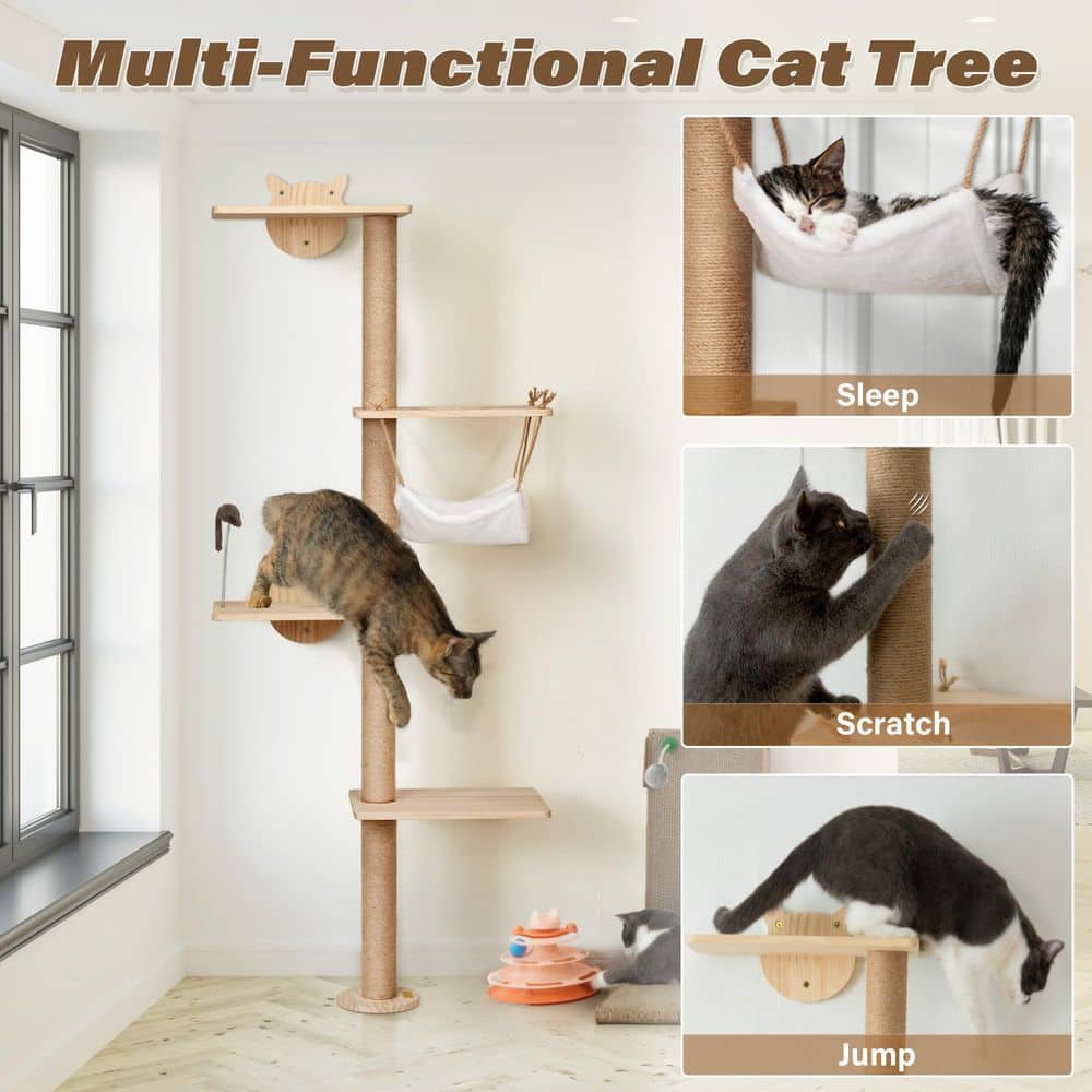 Natural Pinewood Wall-Mounted 4-Tier Cat Tree with Sisal Scratching Post