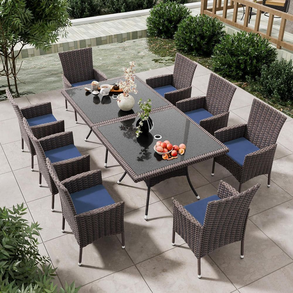 10-Piece Brown Wicker Outdoor/Indoor Dining Set with Navy Cushion, Tempered Glass Tabletop, Umbrella Hole price history on PriceWatchPro