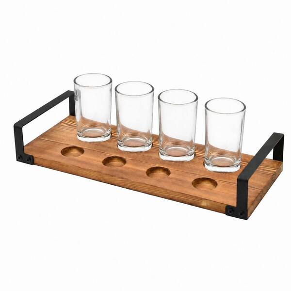 Dark Brown Solid Wood Craft Beer Flight Serving Tray with 4 Five-Ounce Tasting Glasses, Bottle Cap Holder