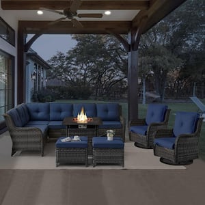 Gray 6-Piece Wicker Patio Fire Pit Set, Outdoor Sectional Seating Set with Olefin Navy Blue Cushions and Swivel Rockers