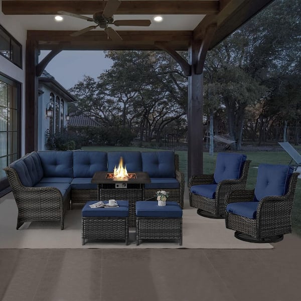 Gray 6-Piece Wicker Patio Fire Pit Set, Outdoor Sectional Seating Set with Olefin Navy Blue Cushions and Swivel Rockers