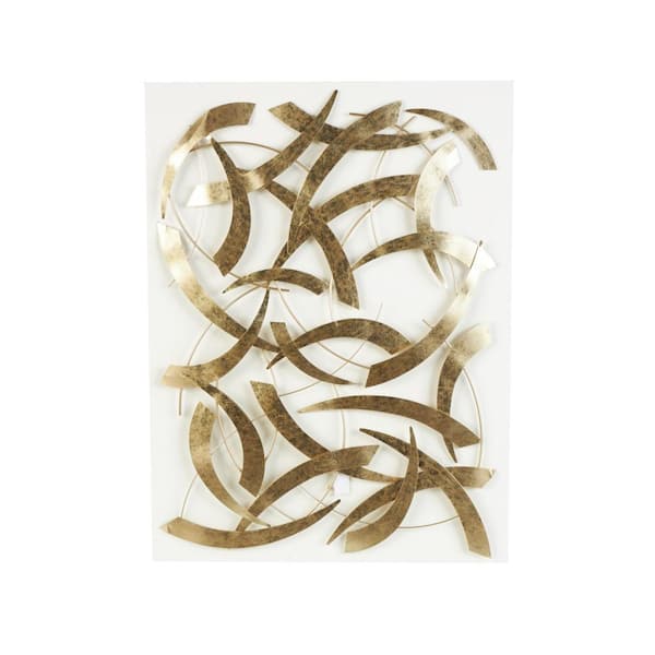 Litton Lane 48 in. x 36 in. Metal Gold Metallic Curved Rod Abstract Wall Decor with White Wood Backing