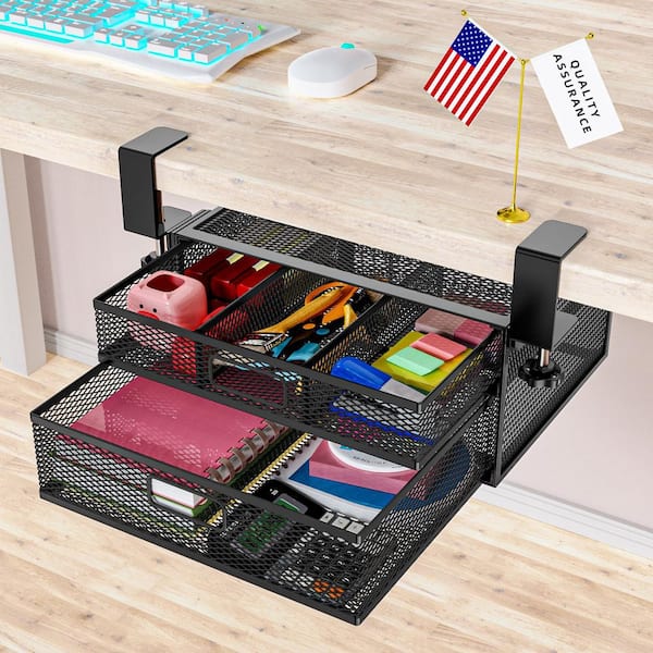 Black 13 in. x 5 in. Metal Under Desk Drawer Organizer with 2