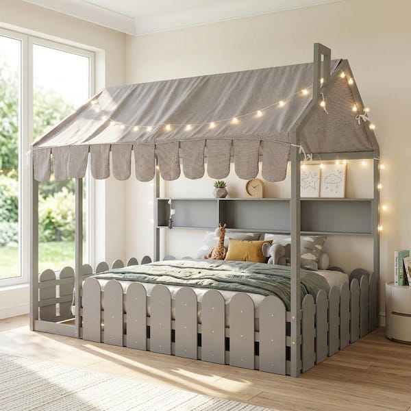 Harper & Bright Designs Gray Full Wood House Bed with Fabric