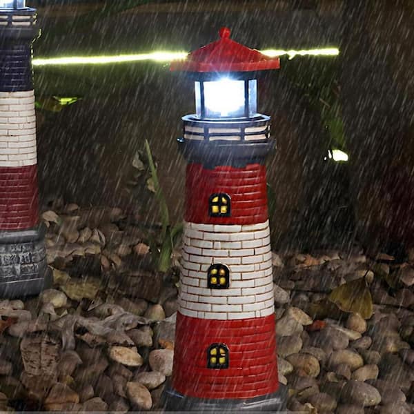 15 in. Red Plastic Garden Outdoor Statues, Waterproof Lighthouse