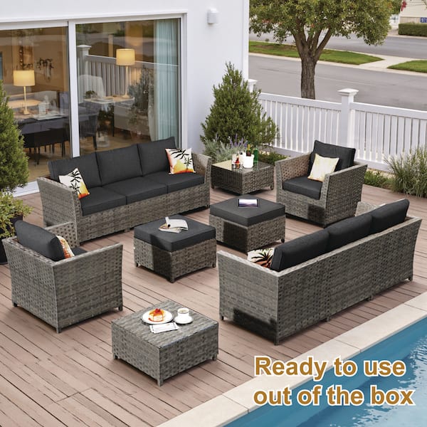 Jasmine 12-Piece Wicker Outdoor Sectional Set with Black Cushions