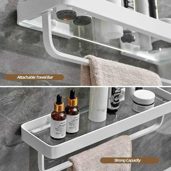 Aoibox 2-Piece 4.88 in. W x 5.85 in. H x 15.74 in. D Glass Rectangular Shower  Shelf in Silver with 4 Hooks, 1 with a Towel Bar HDSA17BA031 - The Home  Depot