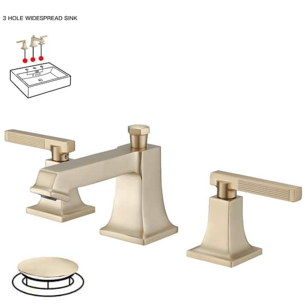 8 in. Widespread Double Handle Low Arc Bathroom Faucet with Drain Kit, Easy to Install, Drip Free in Brushed Gold