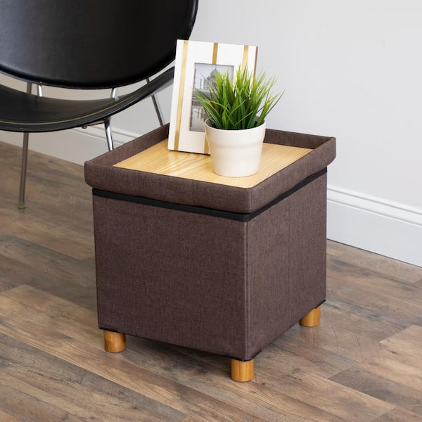 Humble Crew Brown Collapsible Cube, Collapsible Cube Storage Ottoman Foot Stool With Tray
