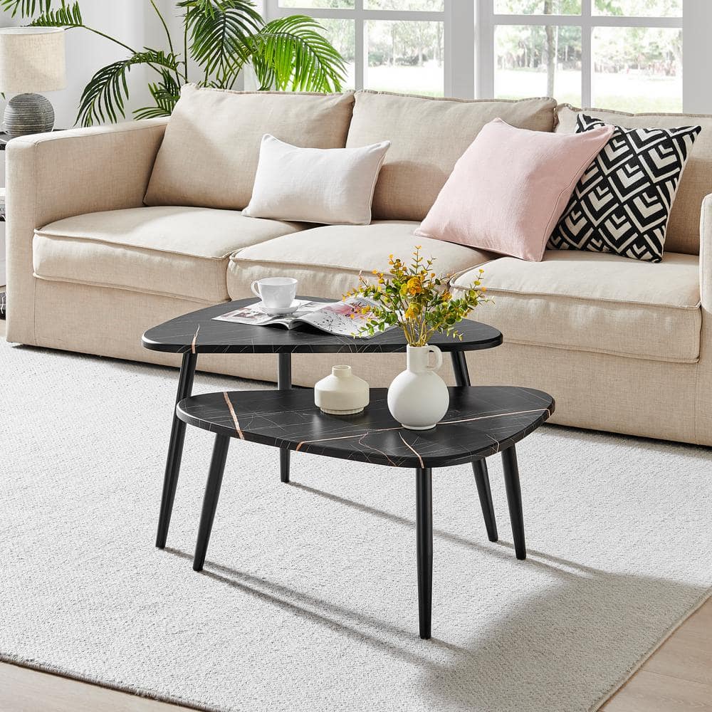 Aurora Black Marble and Metal Oval Semi-Nested Coffee Table Set