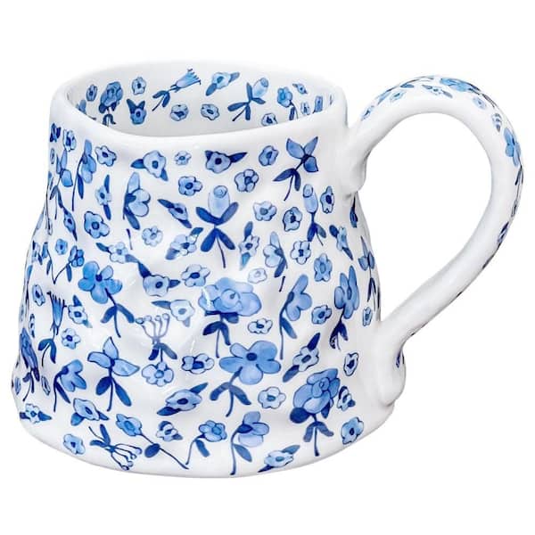 Numhew 20 oz. Blue Ceramic Summer Floral Irregular Oversized Coffee Mug with Handmade Big Handle for Daily Drinks (Set of 1)