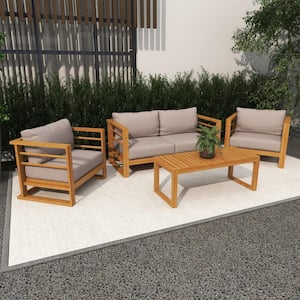 Brown 4 -Piece Teak Wood Outdoor Seating Set with Cushions (Set of 4)