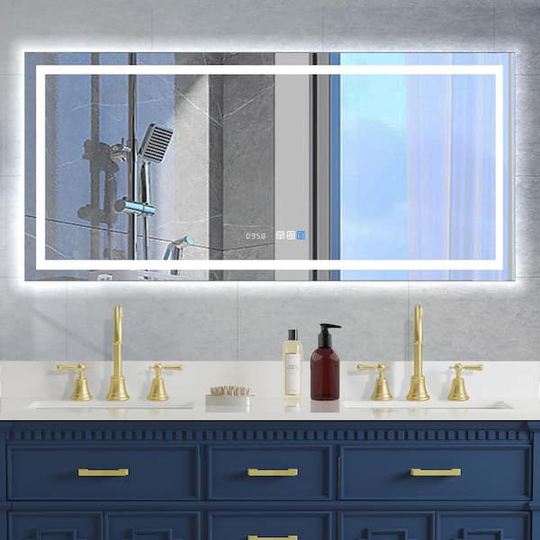 Lonni 60 in. W x 28 in. H Large Rectangular Frameless Anti-fog Wall LED Bathroom Vanity Mirror Dimmable With Front Lighting