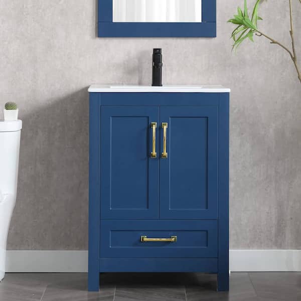 eclife 24 in. W x 18.3 in. D x 34 in. H Single Sink Bath Vanity in Blue with Ceramic Top and Mirror Drain Faucet Set
