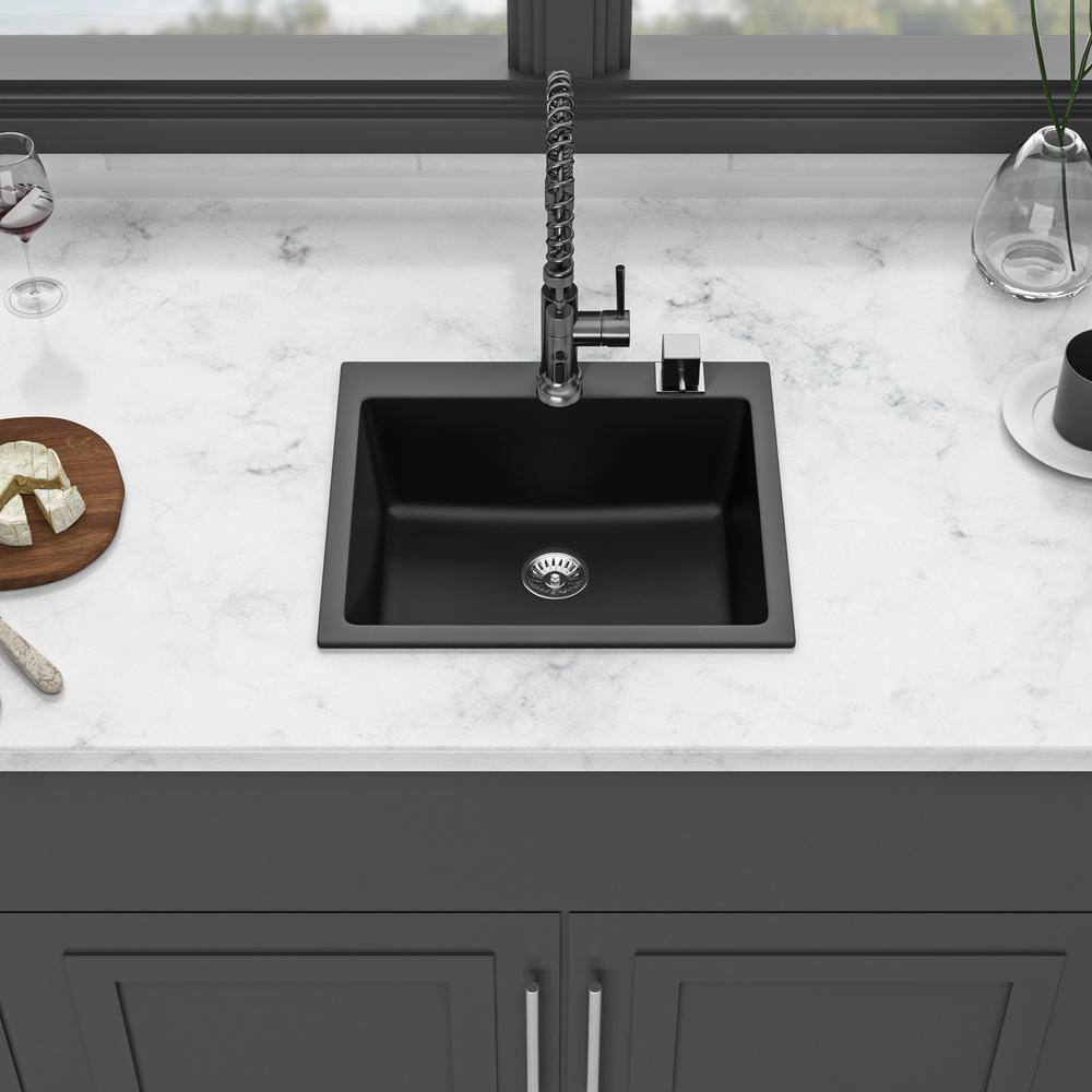 25" x 22" Black Quartz Drop-In Single Bowl Kitchen Sink with Accessories