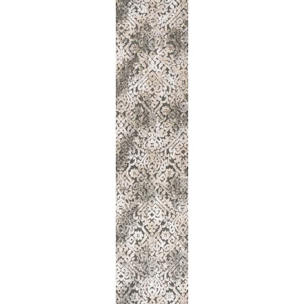 Jonathan Y Duenas High-Low Shabby Damask Cream/Beige/Dark Gray 2 ft. x 8 ft. Indoor/Outdoor Runner Rug