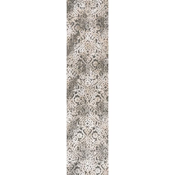 Duenas High-Low Shabby Damask Cream/Beige/Dark Gray 2 ft. x 8 ft. Indoor/Outdoor Runner Rug