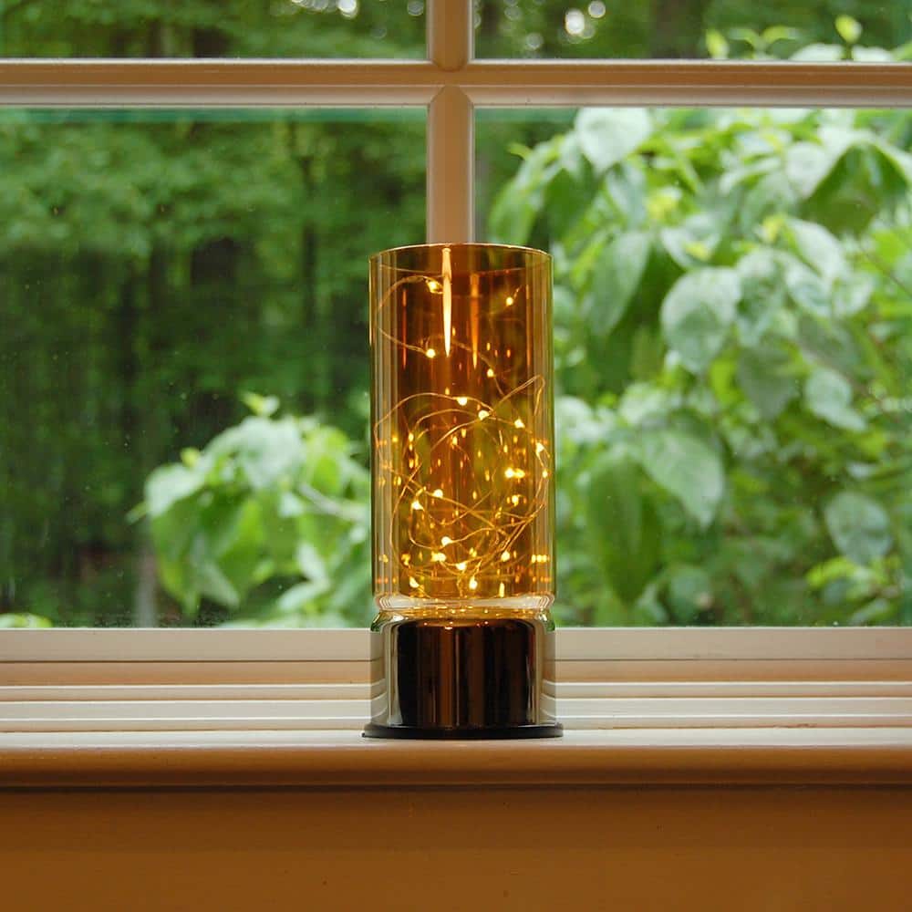 Amber Glass Hurricane Lantern with Fairy String Lights