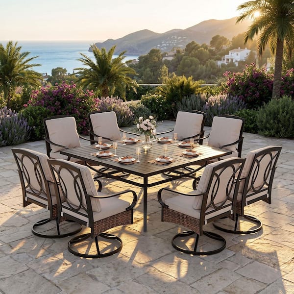 9-Piece Metal Outdoor Dining Set with Square Table and Rattan Swivel Chairs with Beige Cushions