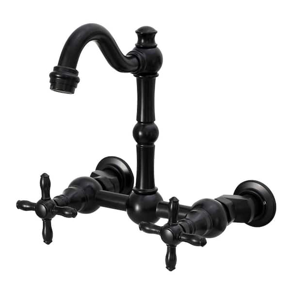 Akicon Bathroom Faucets - Solid Brass Wall Mount Bathroom Sink Faucet with 2 Cross Handles, Matte Black - AK41718N1