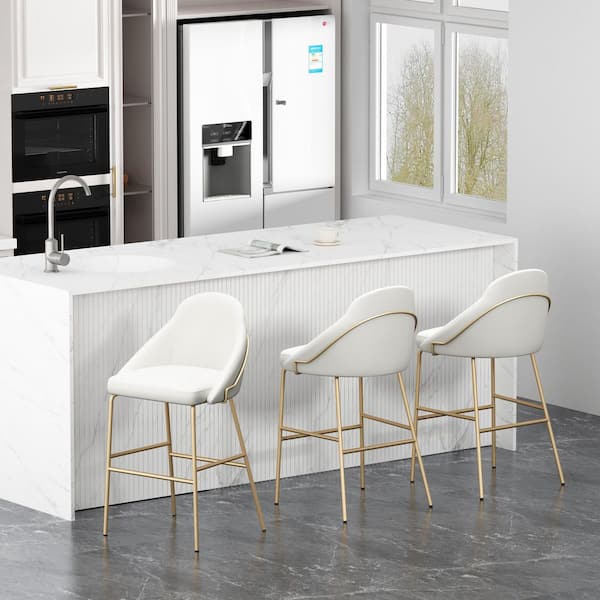 Gracie 29.1 in. Modern White and Gold Metal Frame Bar Stool with Faux Leather Upholstered Seat (Set of 3)