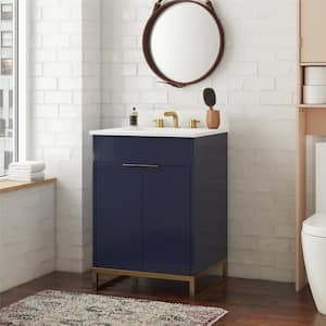 Leona 24 in. W x 22 in. D x 38 in. H Single Sink Bath Vanity in Navy Blue with White Engineered Stone Composite Top